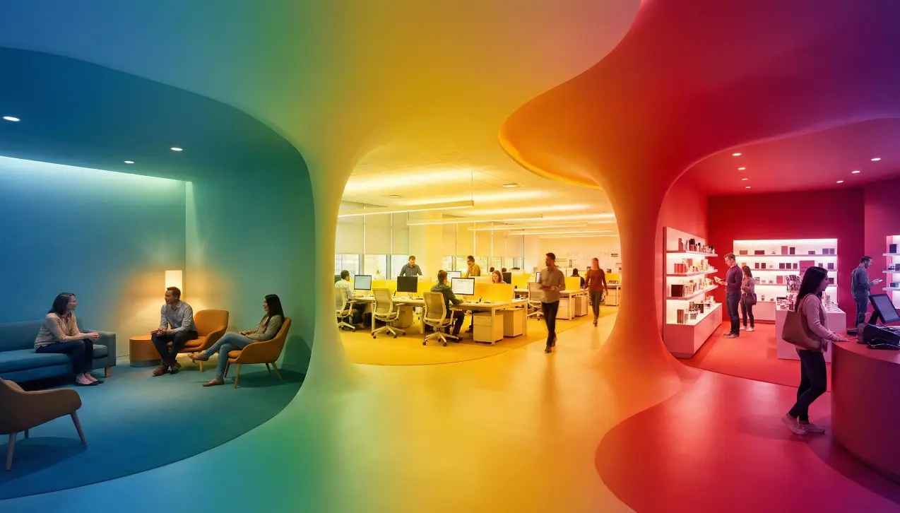 Commercial color psychology in interior design explained with key colours for boosting productivity, mood and sales in commercial spaces.